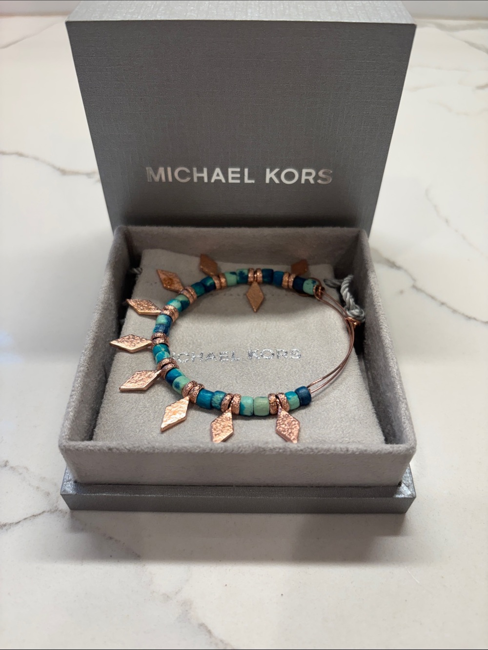Michael Kors Turquoise and Teal Beaded Bracelet with Rose Gold Charms